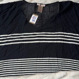 C & T Beach Swimsuit Cover-Up Shirt Black Stripes with White Tassels L NWT